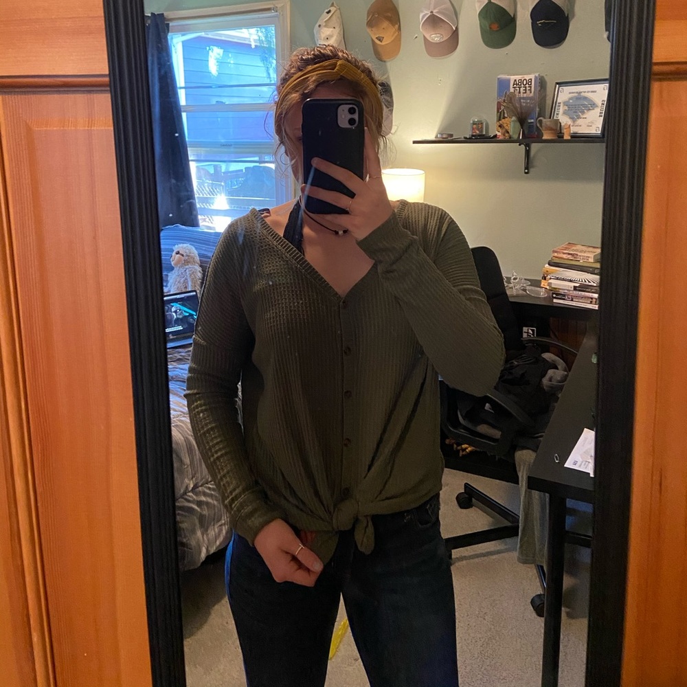 Army green tie sweater